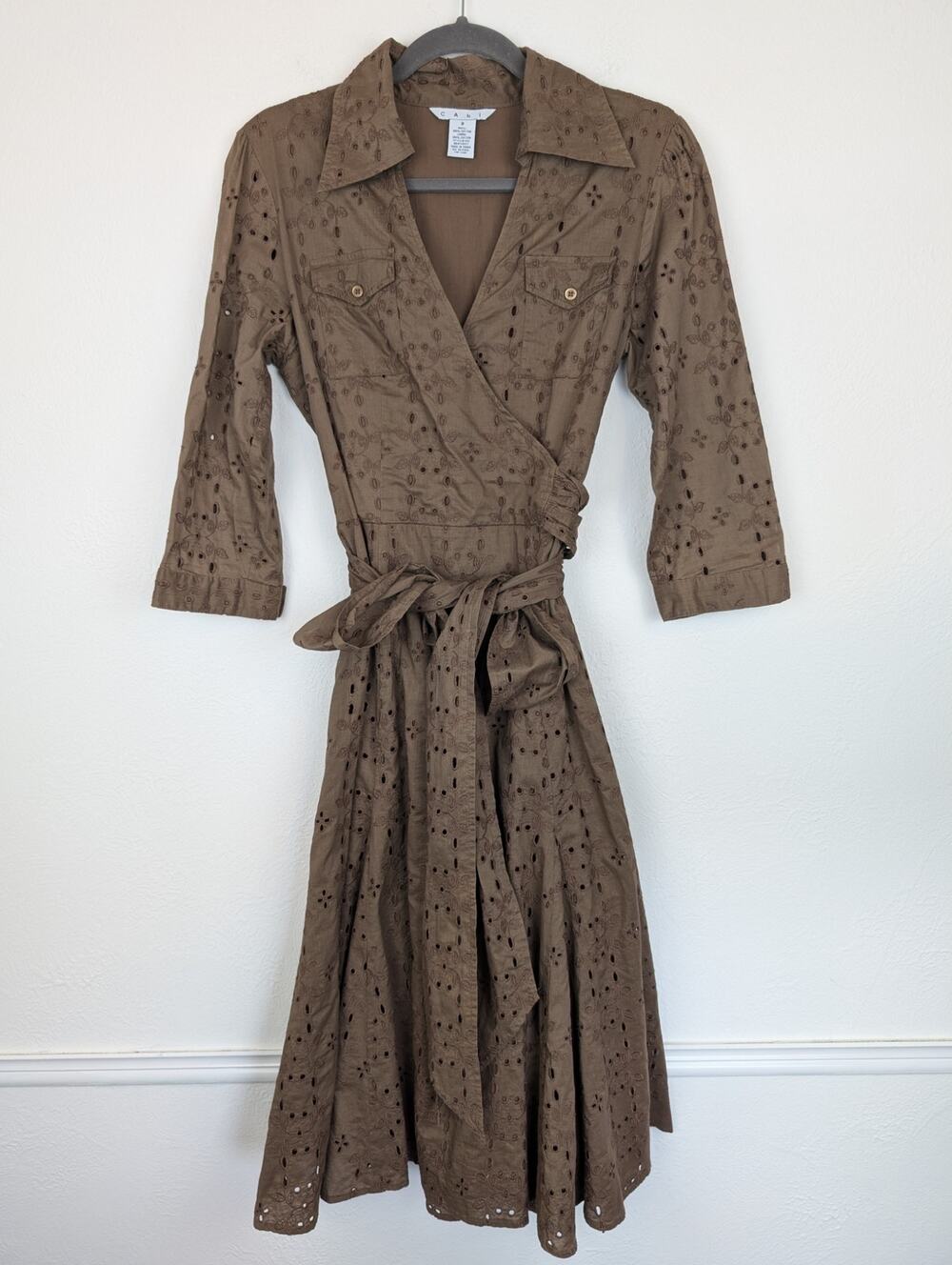 CAbi Midi Dress Floral Eyelet Faux Wrap Shirt Retro Rockabilly Brown Size 8